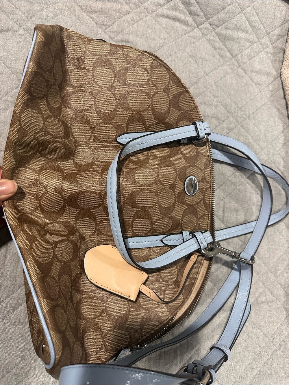 Coach Tan Signature Shoulder Bag with Light Blue Trim